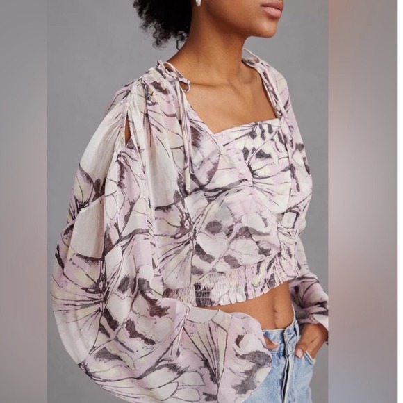 Anthropologie Sheer Cropped Puff Sleeve Abstract Print Top S - Picture 8 of 15